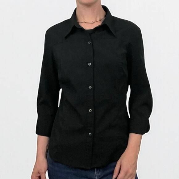 Express Tops - Express Black Stretch Cropped Sleeve Button Down Fitted Shirt